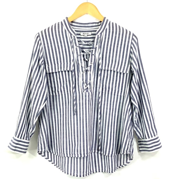 MADEWELL Striped Terrace Lace-Up Long Sleeve Top Blue White Size Small F26 - Picture 2 of 11